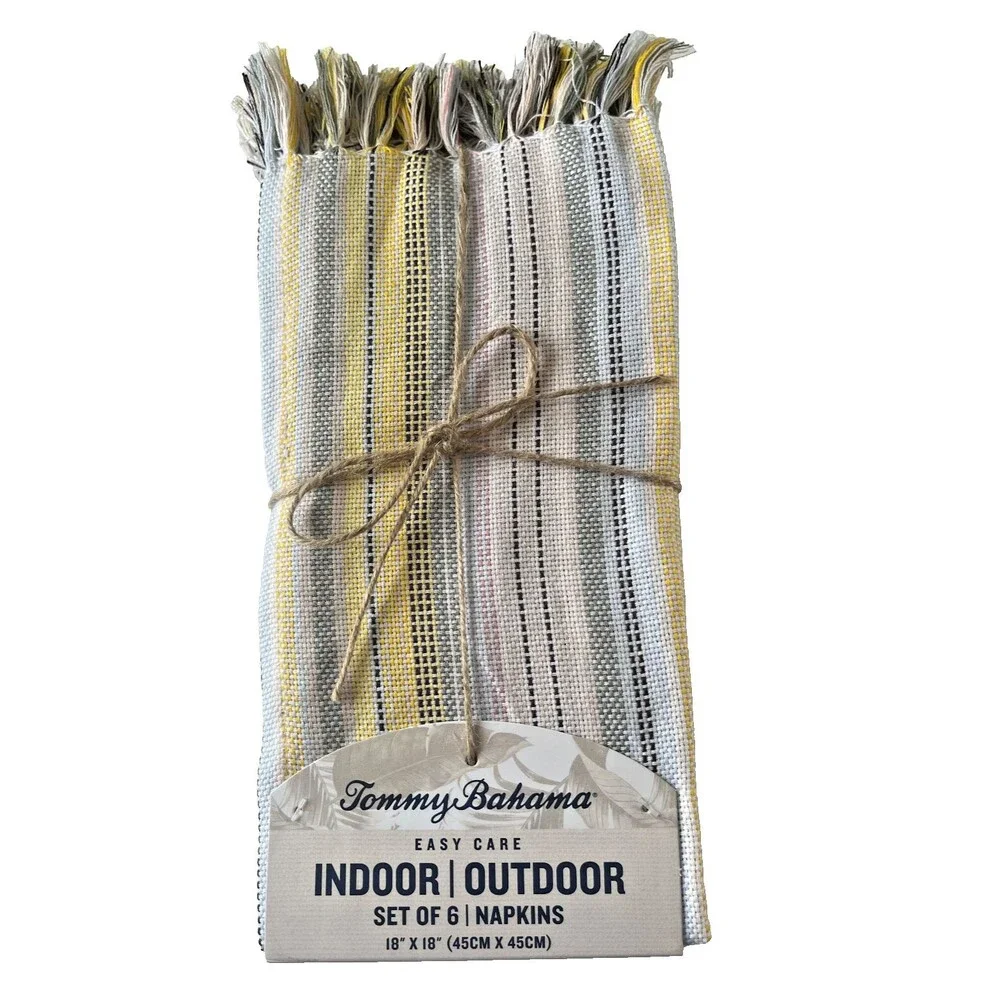 Tommy Bahama Napkins Striped Blue Yellow Tan Beach 18X18 Indoor Outdoor Set Of 6